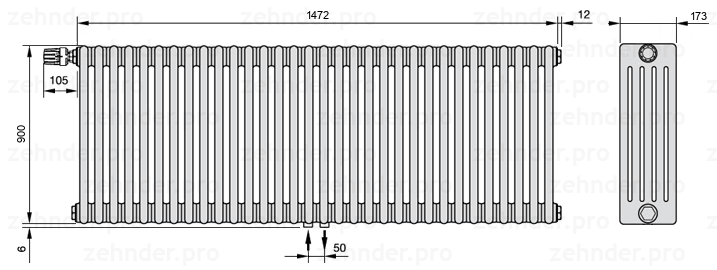 Схема (чертеж) Радиатор Zehnder Charleston 5090/32 №V007 Белый глянцевый RAL 9016